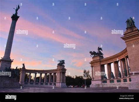 The Heroes Square And The Millennium Monument At Dusk Budapest