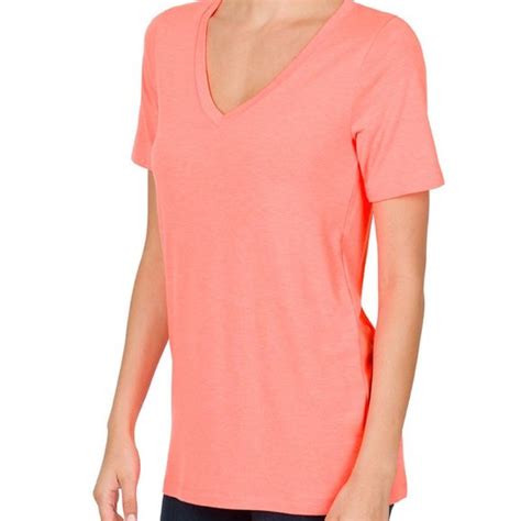 Zenana Outfitters Tops New Zenana Neon Coral Vneck Short Sleeve Top