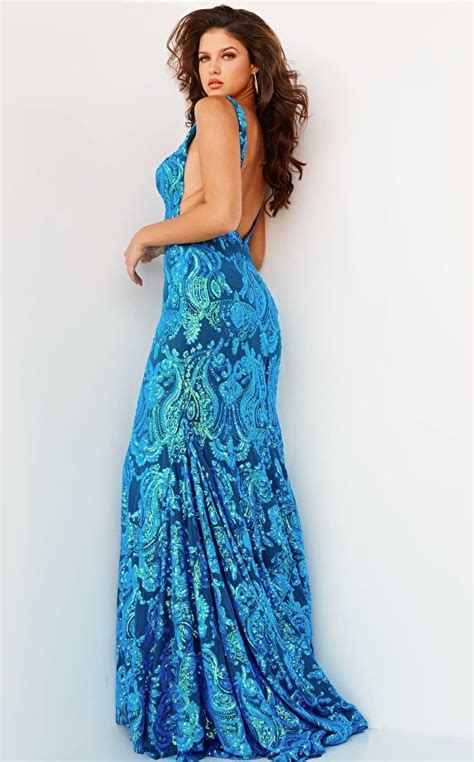 Jovani 08646 Iridescent Royal Plunging Neck Fitted Prom Dress