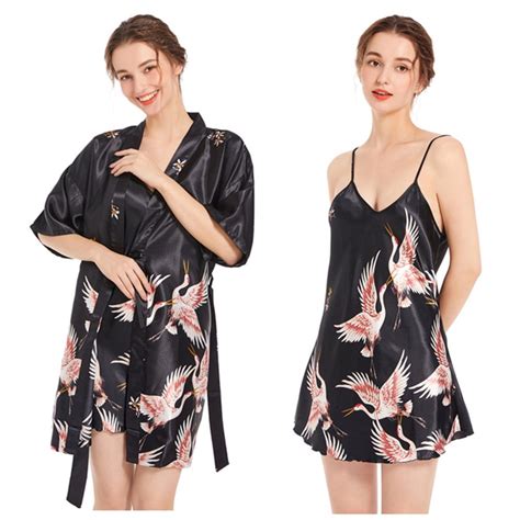Women Satin Robe Set Cranes Print Nightgown With Robes Silk Pajama Set Pieces Lingerie Sexy V