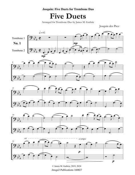 Josquin Five Duets For Trombone Duo Arr James M Guthrie Sheet