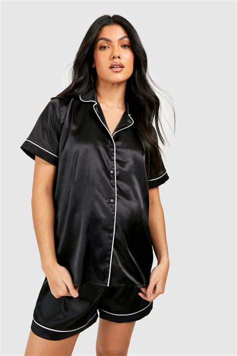 Womens Maternity Satin Button Down Pj Short Set Boohoo Uk