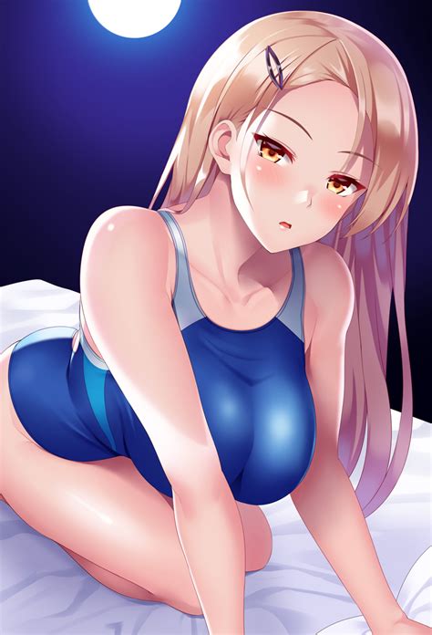 Huyumitsu Original 1girl All Fours Blonde Hair Blue One Piece Swimsuit Breasts Hair