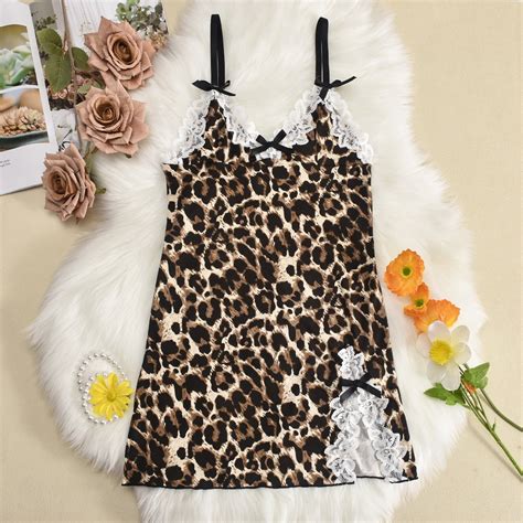 Generic Lingerie Sexy Seduction Lace Stitching Leopard Print Bow Split Sling Dress Sexy