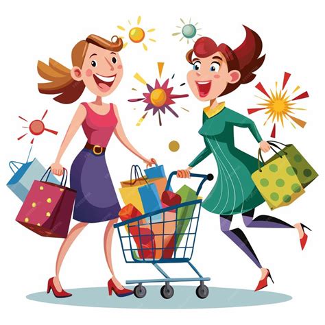happy cartoon women shopping   full shopping cart  bags