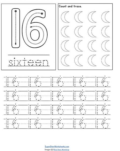 Number 16 Tracing Worksheet