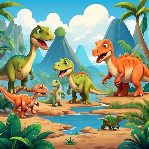 Premium Photo Cute Cartoon Dinosaur Scene Landscape A Cartoon