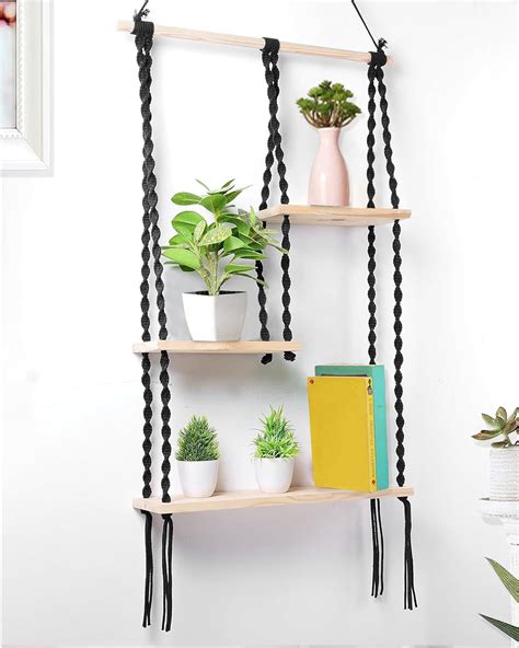 Homesake Macrame Hanging Shelf Pine Wood Wall Shelves With Handmade