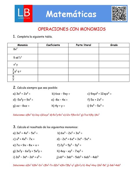 suma y resta de monomios, multiplicación y división de monomios