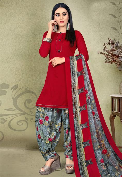 Red Crepe Printed Punjabi Suit 193112 Punjabi Suits Blouse Designs