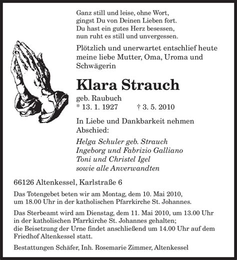 Traueranzeigen Von Klara Strauch Saarbruecker Zeitung Trauer De