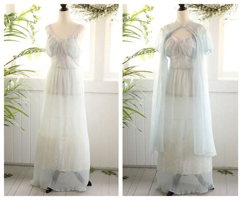 1960s Sky Blue Peignoir Set Pleated Maxi Empire Waist Princess Lingerie Nightgown Puffy Sleeves
