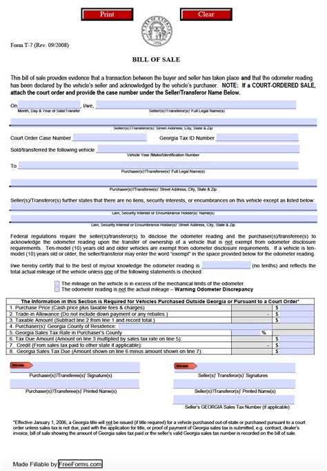 Georgia Vehicle Bill Of Sale Template