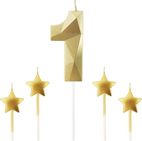 Amazon.com: Golden Number 1 Birthday Candles and Star Birthday Candles ...