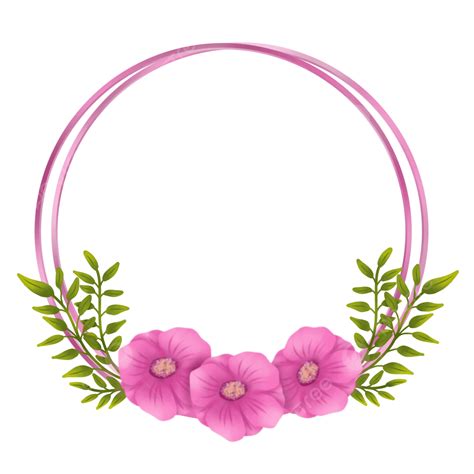 Pink Flower Circle Frame Picture With Fresh Green Leaves And Shining