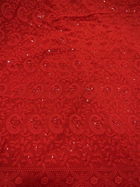 Red Lucknowi Chikankari Fabric Aarti Fabrics Shop Fabrics Online