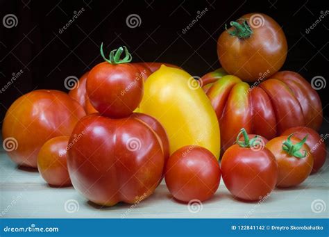 Organic Natural Tomatoes Different Colors And Shapes Stock Photo