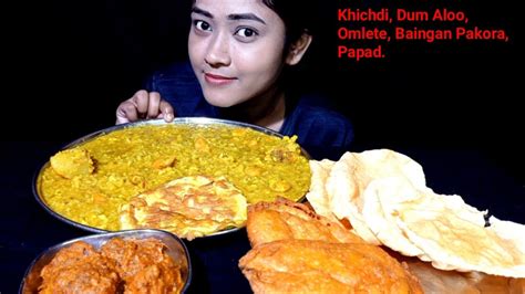 Eating Khichdi Omelette Spicy Dum Aloo Papad Asmr Eating Big Bites Mukbang Eating Show