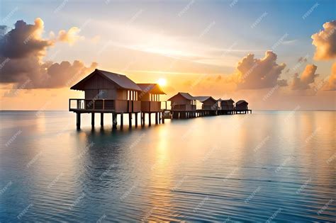 Premium Photo | A beach house on stilts is on the water.