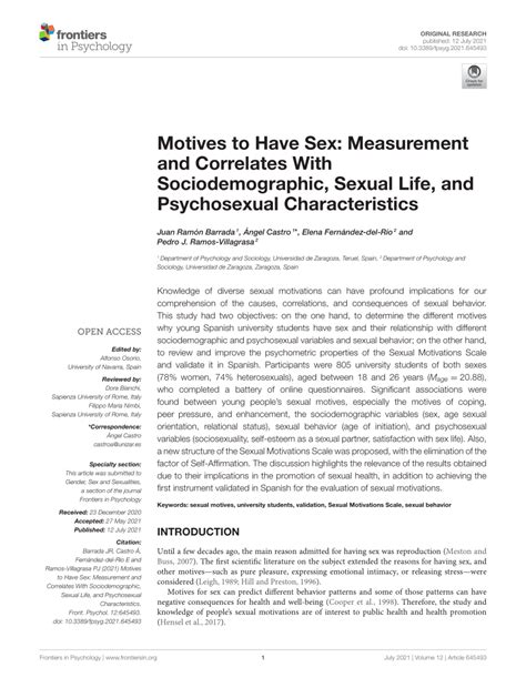 Pdf Motives To Have Sex Measurement And Correlates With Sociodemographic Sexual Life And