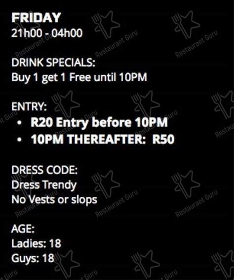 Menu at Tiger Tiger club, Cape Town