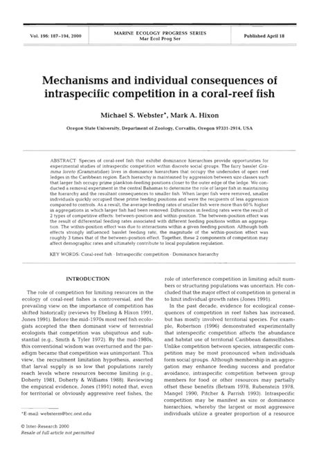 (PDF) Mechanisms and individual consequences of intraspecific competition in a coral-reef fish