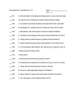 US CONSTITUTION CONSTITUTIONAL AMENDMENTS 11-27 SCAVENGER HUNT MATCHING