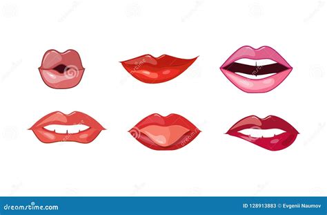 Woman Lips Set Female Mouth With Different Lipstick Colors And Various