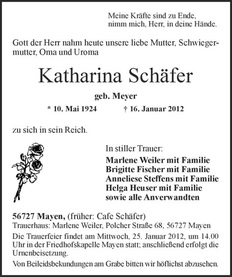 Traueranzeigen von Katharina Schäfer rz trauer de