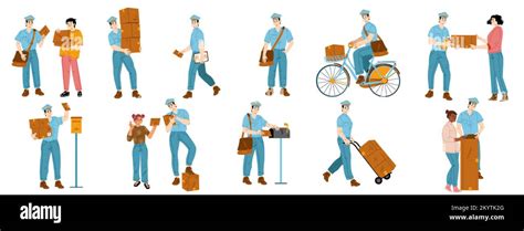 Set Of Postman Characters Delivering Mail Flat Vector Illustration On