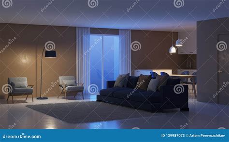 Modern House Interior Night Evening Lighting Stock Image Image Of