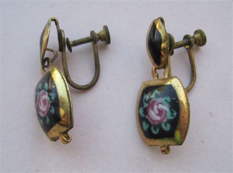 Vintage Screw Back Earrings, Black Background with Rose Pictures, Gold Trim