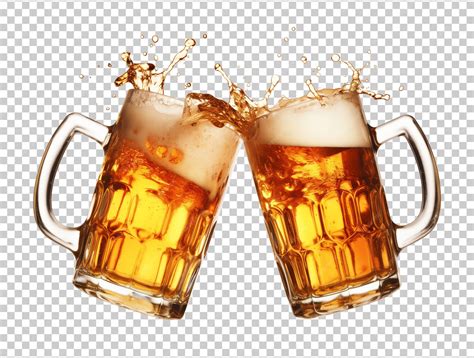 Two beer mugs splash toast cheers isolated on transparent background