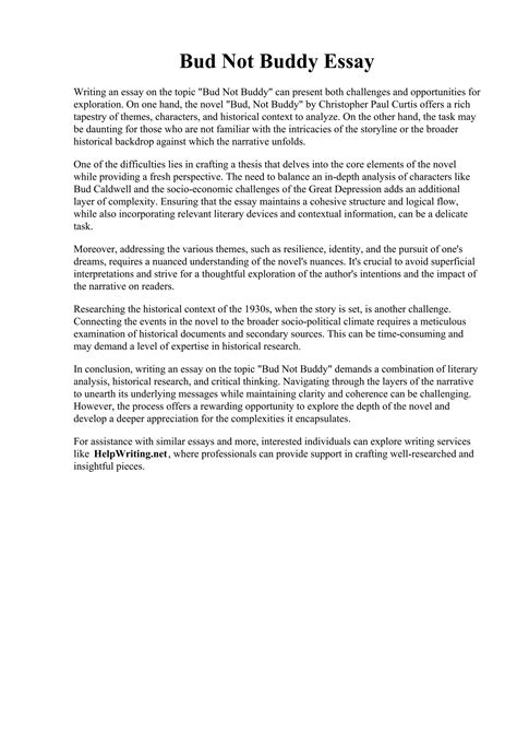 Bud Not Buddy Essay. Bud, Not Buddy-Summary and Highlights by Journeys