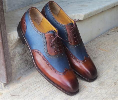 Handmade Men S Wing Tip Shoes Brown Blue Leather Up Shoes Suede Shoes Loafer Shoes Dress