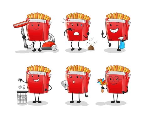 Carácter del grupo de limpieza de patatas fritas vector de mascota de