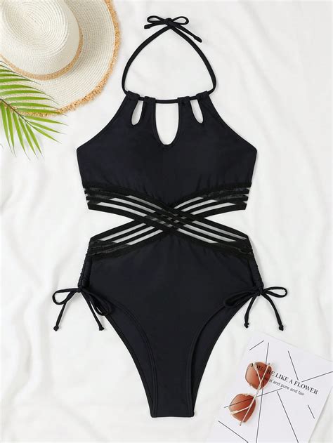 Shein Swim Chicsea Cut Out Criss Cross Halter One Piece Swimsuit