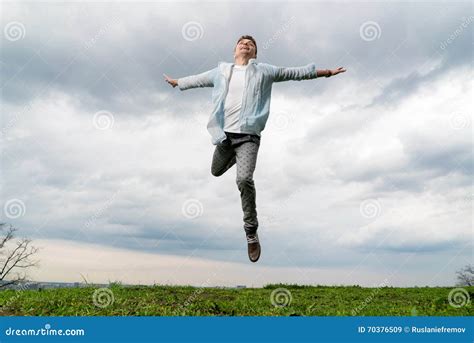 Young Man Flying In Sky Background Stock Image Image Of Male Success