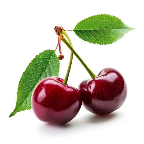 Premium Photo Three Ripe Cherries With Stems And Leaves Isolated On A