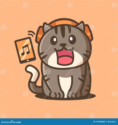 Cartoon Cute Cat Listening To Music Stock Vector Illustration Of