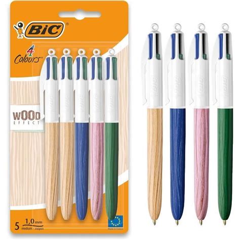 BIC 4 Couleurs Wood Style Stylos Bille Rétractables Pointe Moyenne 1