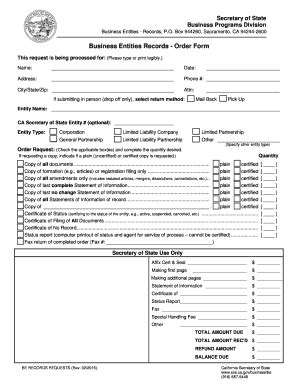 Fillable Online Business Entities Records Order Form Fax Email Print