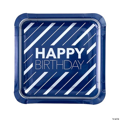 Happy Birthday Party Blue And Silver Square Paper Dinner Plates 8 Ct