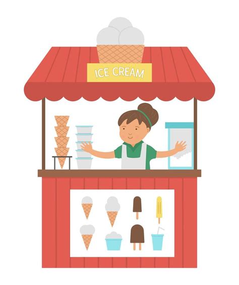 Vector ice cream stall with seller. Flat ice-cream stand illustration ...