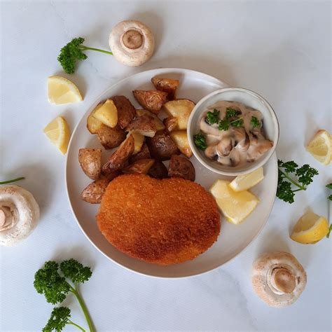 Schnitzel With Mushroom Cream Sauce And Potatoes Vegafit