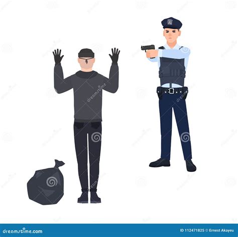 Policeman in Police Uniform Pointing Gun at Robber or Burglar. Cop ...