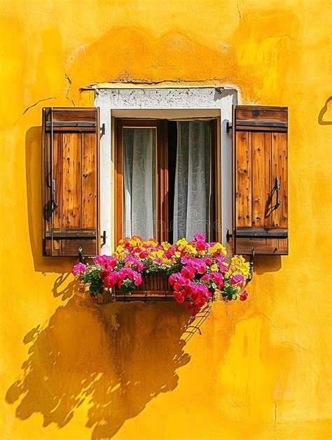 Yellow Wall With Window And Flower Box Stock Illustration