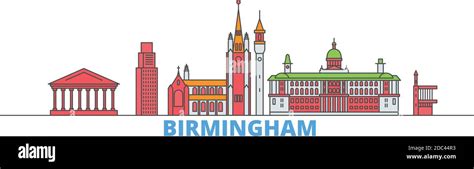 United Kingdom Birmingham Line Cityscape Flat Vector Travel City