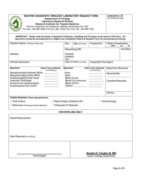 Laboratory Request Form Pdf Research Institute For