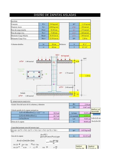 Hoja De Calculo Para Diseño De Zapatas Aisladas Plantillas De Excel De Ingeniería Civil Udocz